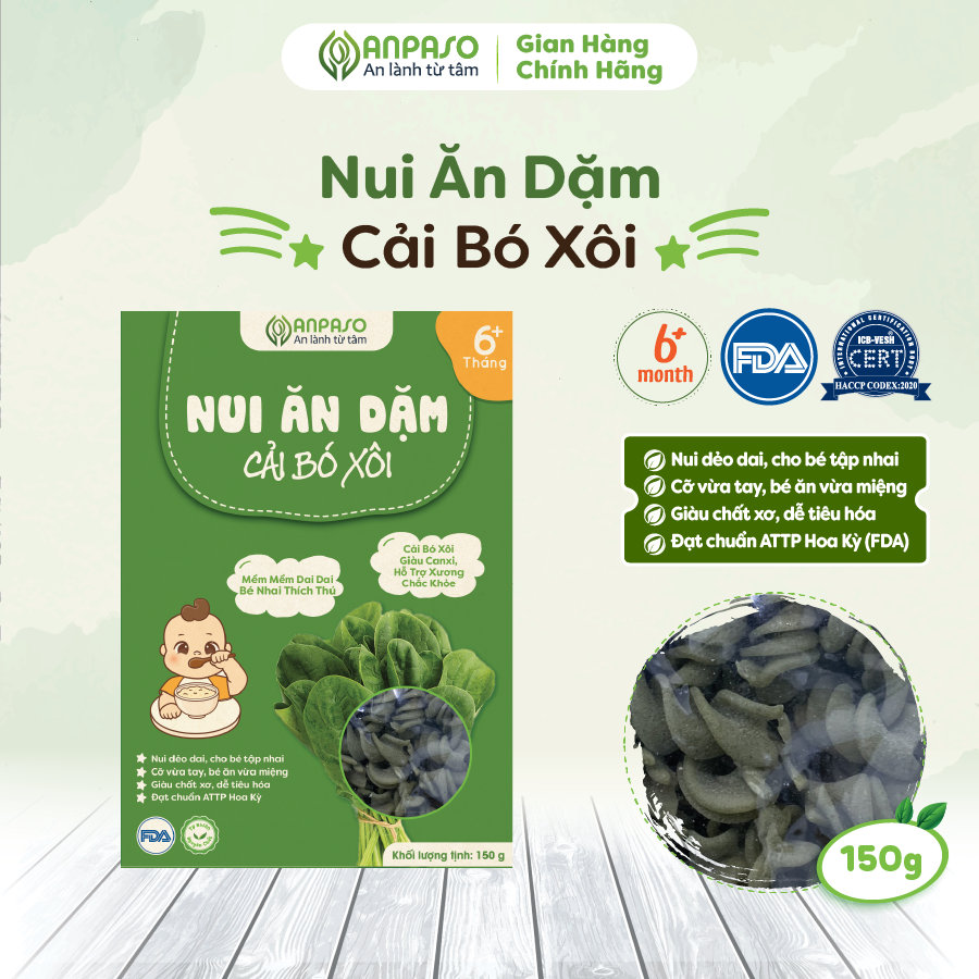 Mì nui ăn dặm cải bó xôi anpaso 150g tna- organic