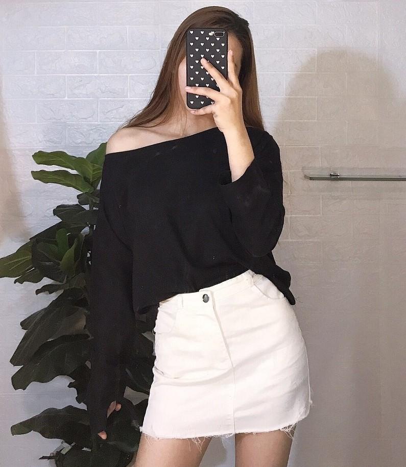Áo thun nữ form rộng tay dài lệch vai cá tính nuna