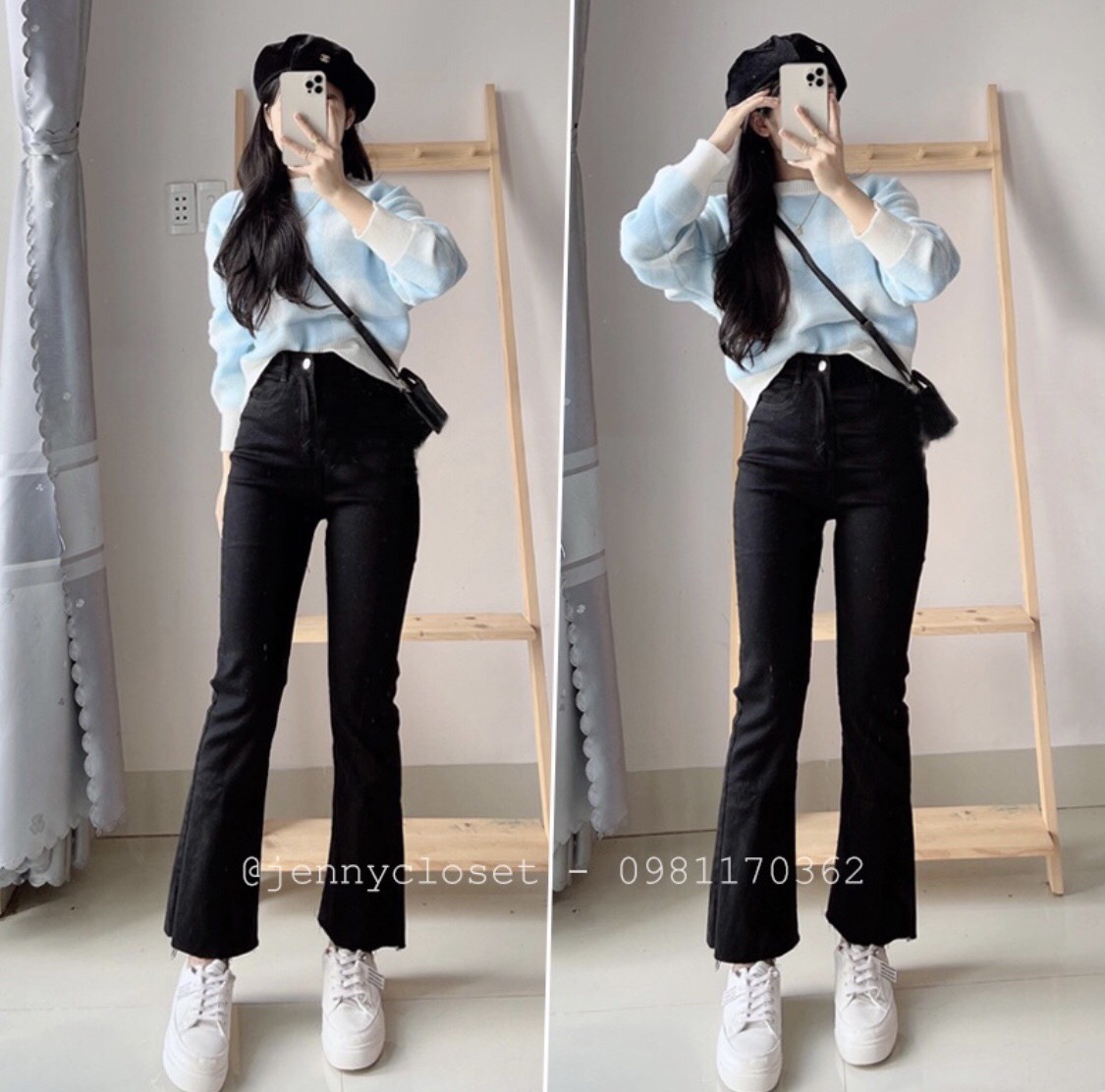 Quần jean ống loe cạp cao nữ màu đen vải bò giấy_339