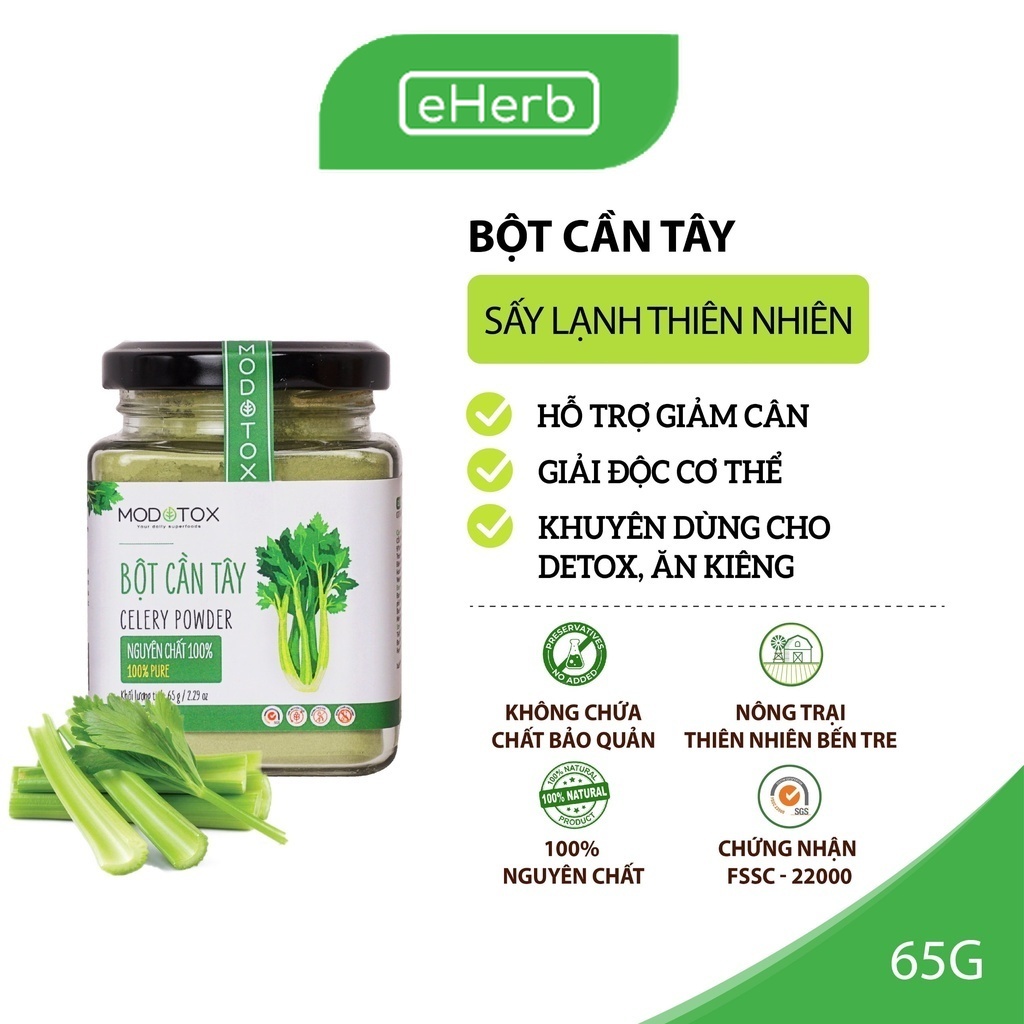 Bột cần tây sấy lạnh nguyên chất giảm cân thanh lọc detox cơ thể từ thiên nhiên Modotox, bột cần tây làm mịn da ngừa mụn cung cấp chất xơ mỗi ngày hũ 65g - eHerb