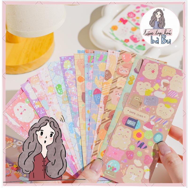 Hai miếng stickers gấu thỏ được cán lấp lánh dùng để trang trí sổ tay top loader