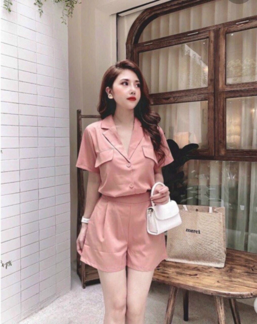 Set vest nữ tay ngắn túi giả 2 bên kèm quần năng động