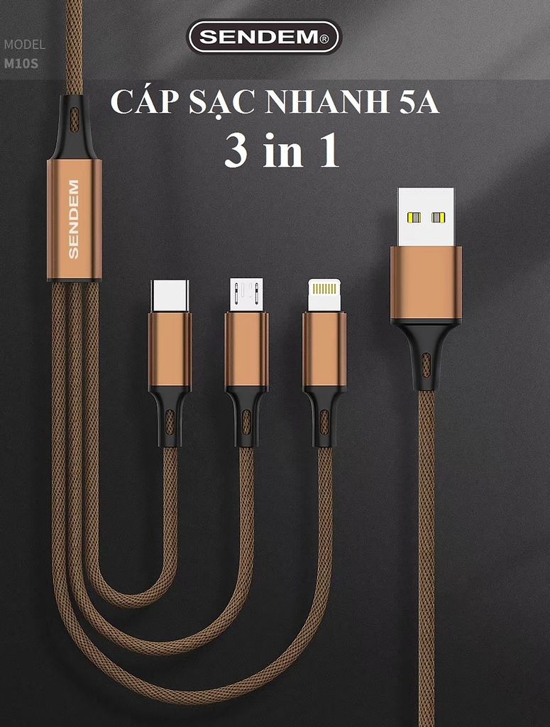 [HCM]Cáp Sạc Sendem Dây Dù Cao Cấp 3 Đầu Sạc Đa Năng 5A MicroUSB Type C Lightning Sạc Và Truyền Dữ Liệu