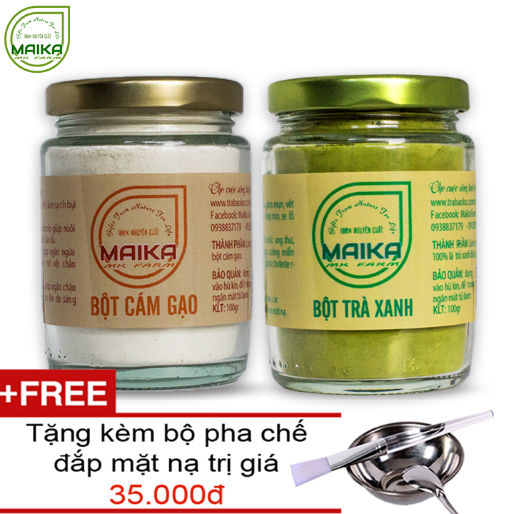 Combo Bột Trà Xanh + Bột Cám Gạo - Nguyên Chất MK Farm (100g/hũ) + Tặng Bộ Đắp Mặt
