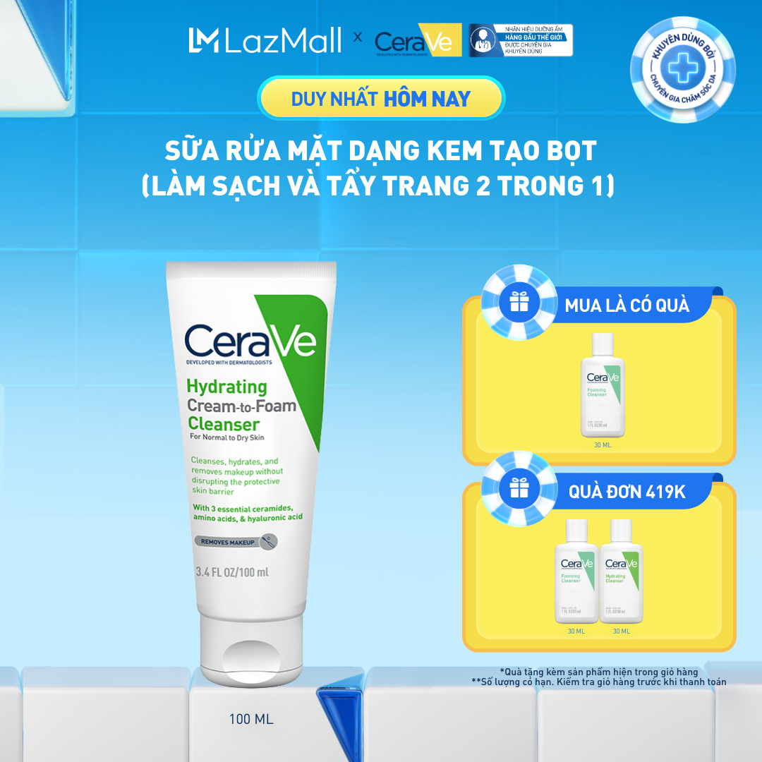 Sữa rửa mặt dạng kem tạo bọt (làm sạch và tẩy trang 2 trong 1) Hydrating Cream-to-Foam Cleanser 100ml