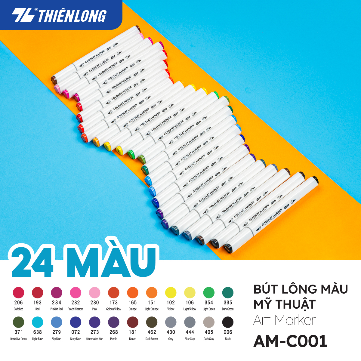  Bút dạ màu 2 đầu Art Marker Thiên Long Colokit - Bút dạ 24 màu mực bền màu mau khô dùng vẽ tranh calligraphy 