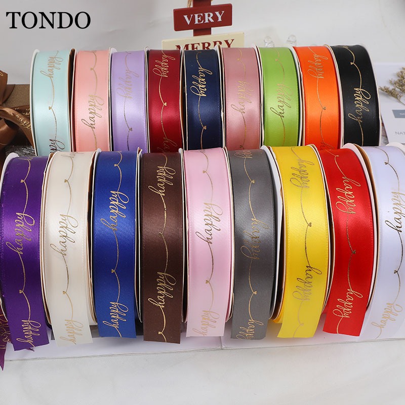 Dây Ruy Băng Chữ Happy Ruy Băng Lụa Bản 2,5cm - 25m Buộc Hoa, Gói Hoa, Làm Nơ