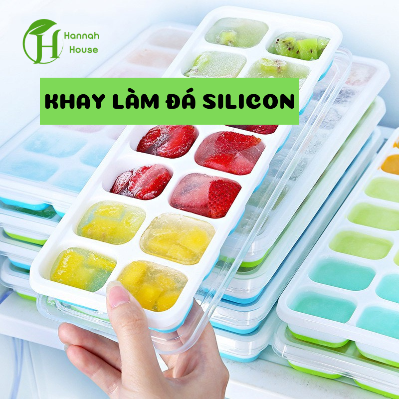 Khay làm đá, khuôn làm đá silicon có nắp đậy kháng khuẩn chống mùi tủ lạnh, khay đựng đá, làm thạch làm kem 14 viên có nắp, chống mùi