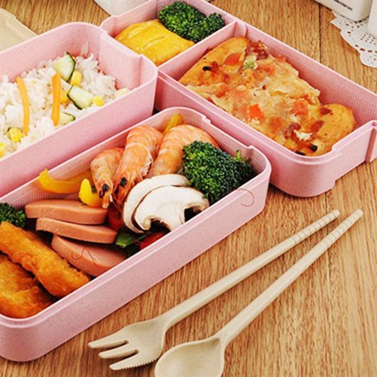 Hộp cơm giữ nhiệt 3 tầng lúa mạch lunch box chất lượng tốt tặng kèm muỗng nĩa tiện lợi