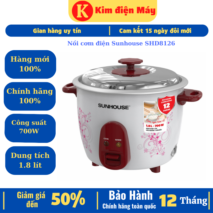 Nồi cơm điện Sunhouse SHD8126 1.8 lít 700W-nồi cơm điện nắp rời lòng nồi anod siêu bền-bảo hành 12 tháng toàn quốc