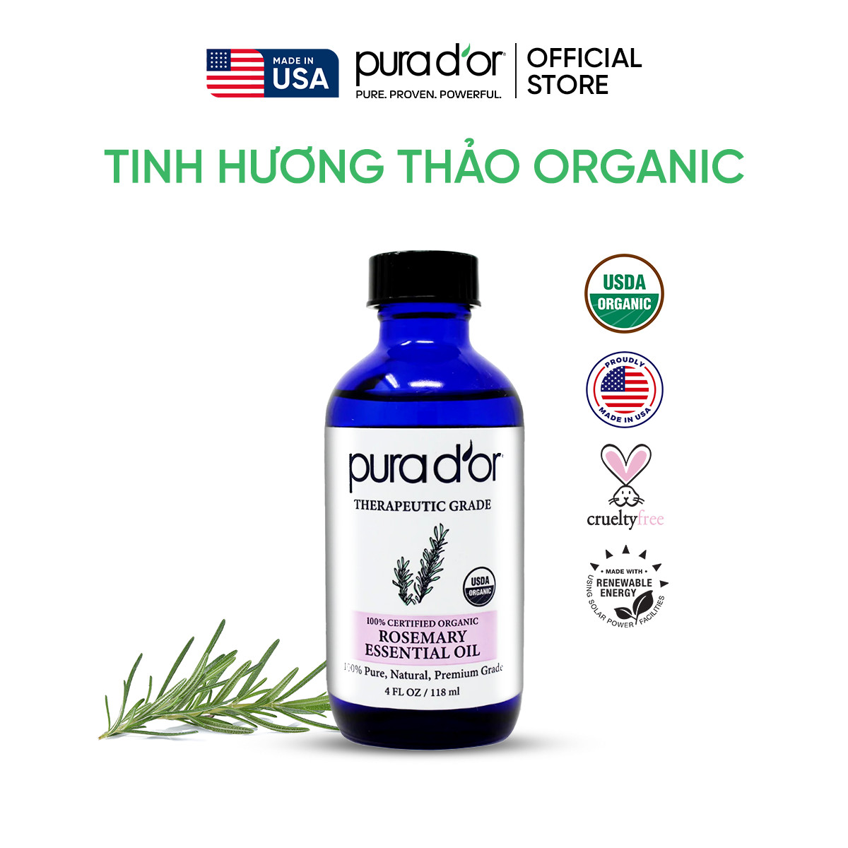 Tinh dầu hương thảo hữu cơ nguyên chất Therapeutic Grade Rosemary Essential Oil 4 fl oz 118ml - 118ml PURA DOR