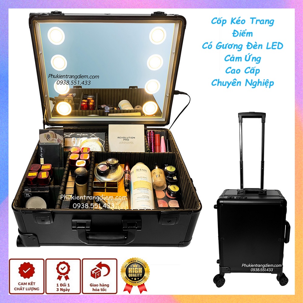 Size 54cm - cốp - vali kéo make up có gương đèn led cảm ứng - cốp kéo trang điểm tích hợp gương đèn led