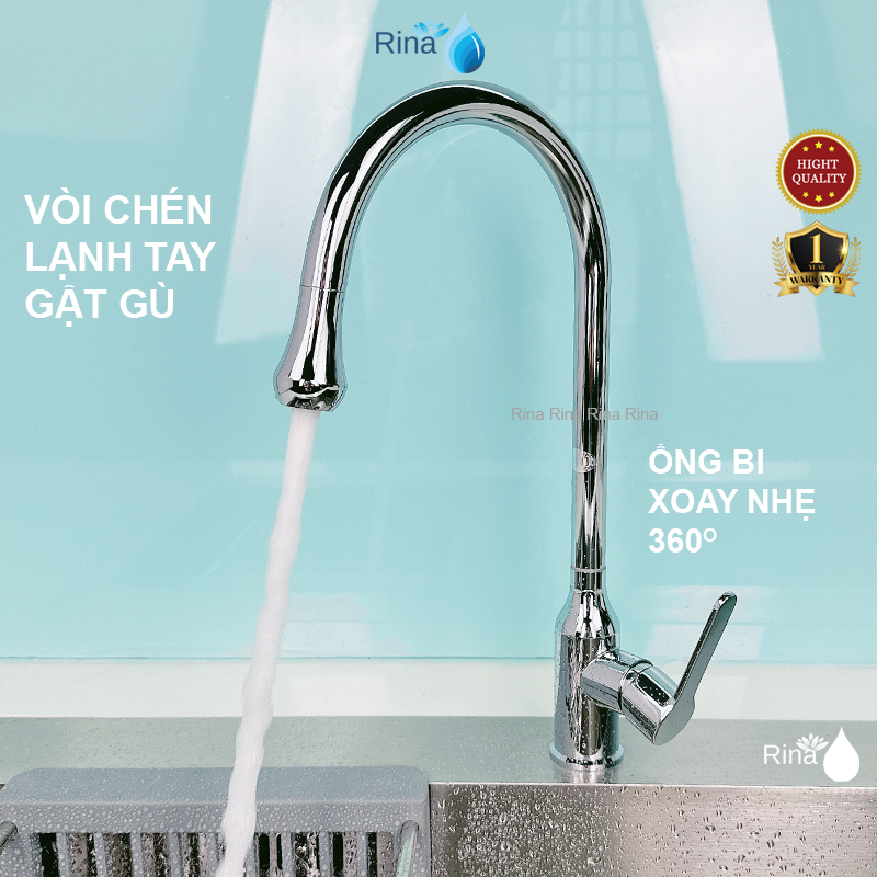 Vòi Rửa Chén Xoay Bi Cực Nhẹ tay  mở nước gật gù Cao Cấp Mẫu Mới Rina RN6029 Vòi Chén Xoay Bi 360 độ 1 Đường Nước Lạnh