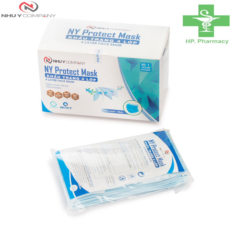 Hộp 50 chiếc khẩu trang y tế màu xanh 4 lớp kháng khuẩn như ý - ny protect mask