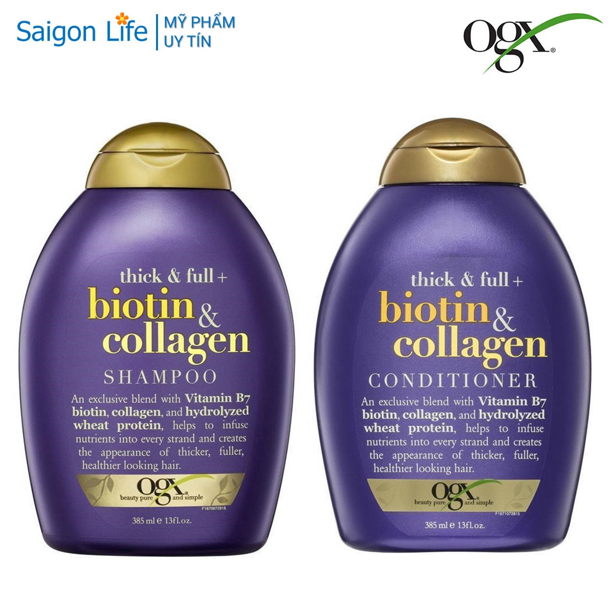 Bộ 2 Chai Dầu Gội Và Dầu Xả Dưỡng Dày Tóc OGX Thick & Full + Biotin & Collagen (385ml/Chai) - Tím