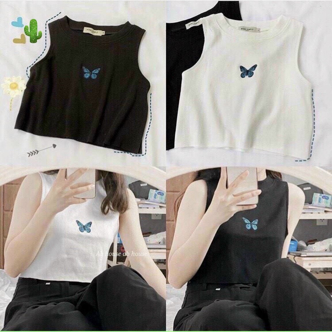 Áo thun ba lỗ croptop thêu bướm xinh