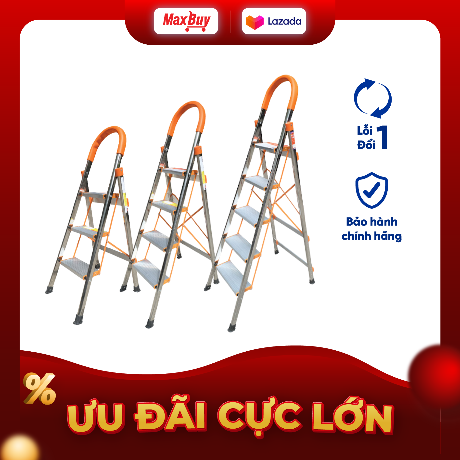 Thang Ghế Gia đình Inox 3 Bậc Nhôm Ameca Nhỏ gọn Chắc chắn Di chuyển dễ dàng Chiều cao tối đa 75cm Bảo hành 18 tháng AMG-3IN