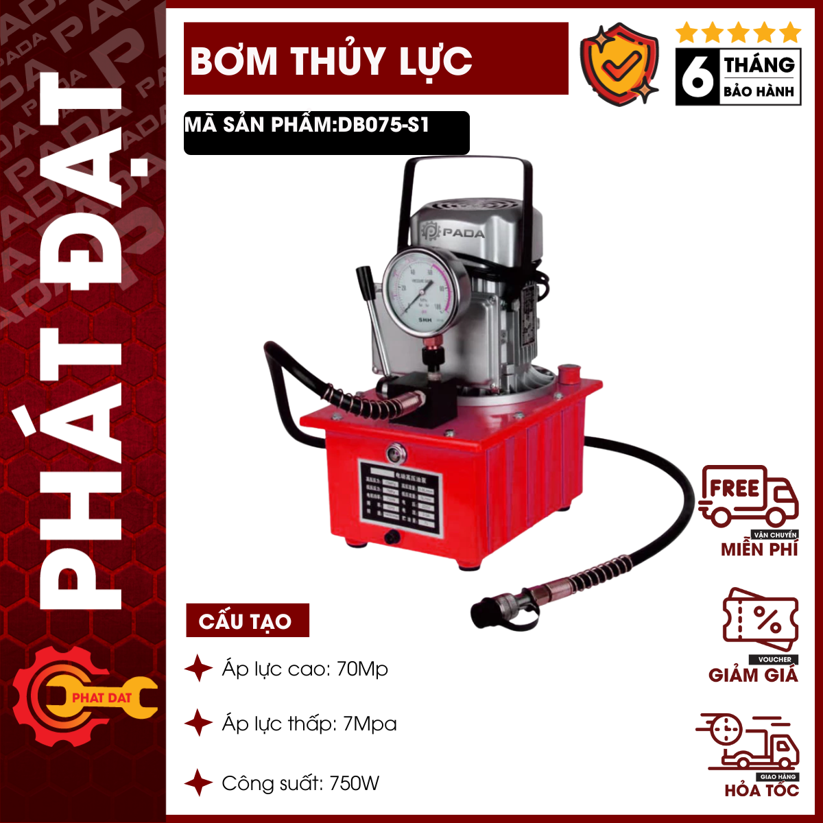 Bơm điện thủy lực db075s1 công suất 750w bình dầu 7 lít van cơ chính hãng padatools