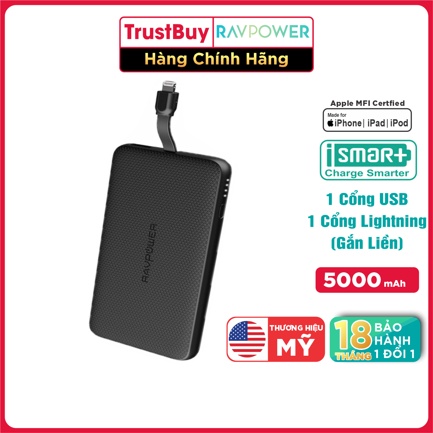 Pin Sạc Dự Phòng RAVPower 5000mAh Tích Hợp Cáp Sạc Lightning Chuẩn MFI Apple cho iPhone, iPad - RP-PB098 - Hàng Phân Phối Chính Hãng