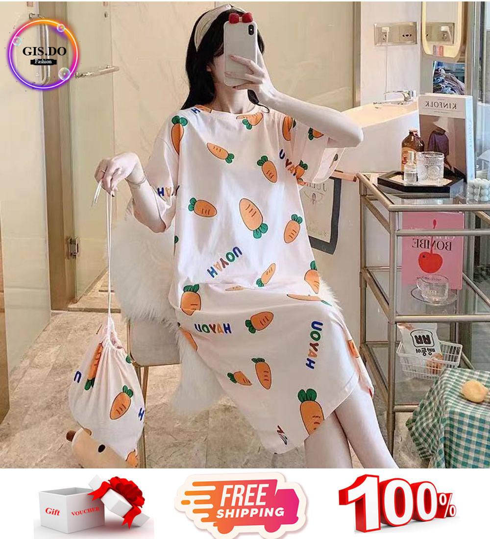 Váy ngủ suông cộc tay thun cotton mỏng mát nhập Quảng Châu ( không kèm túi) đầm ngủ dáng lững suông chất cotton mỏng mềm mát phối họa tiết hoạt hình dễ thương GVNL001