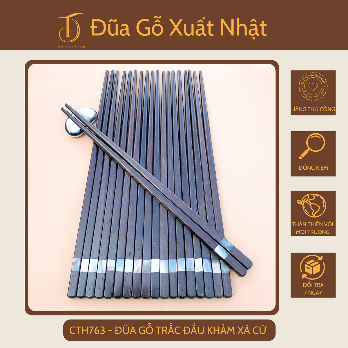 Đũa gỗ trắc hahanco đầu khảm xà cừ ốc biển để mộc siêu sạch
