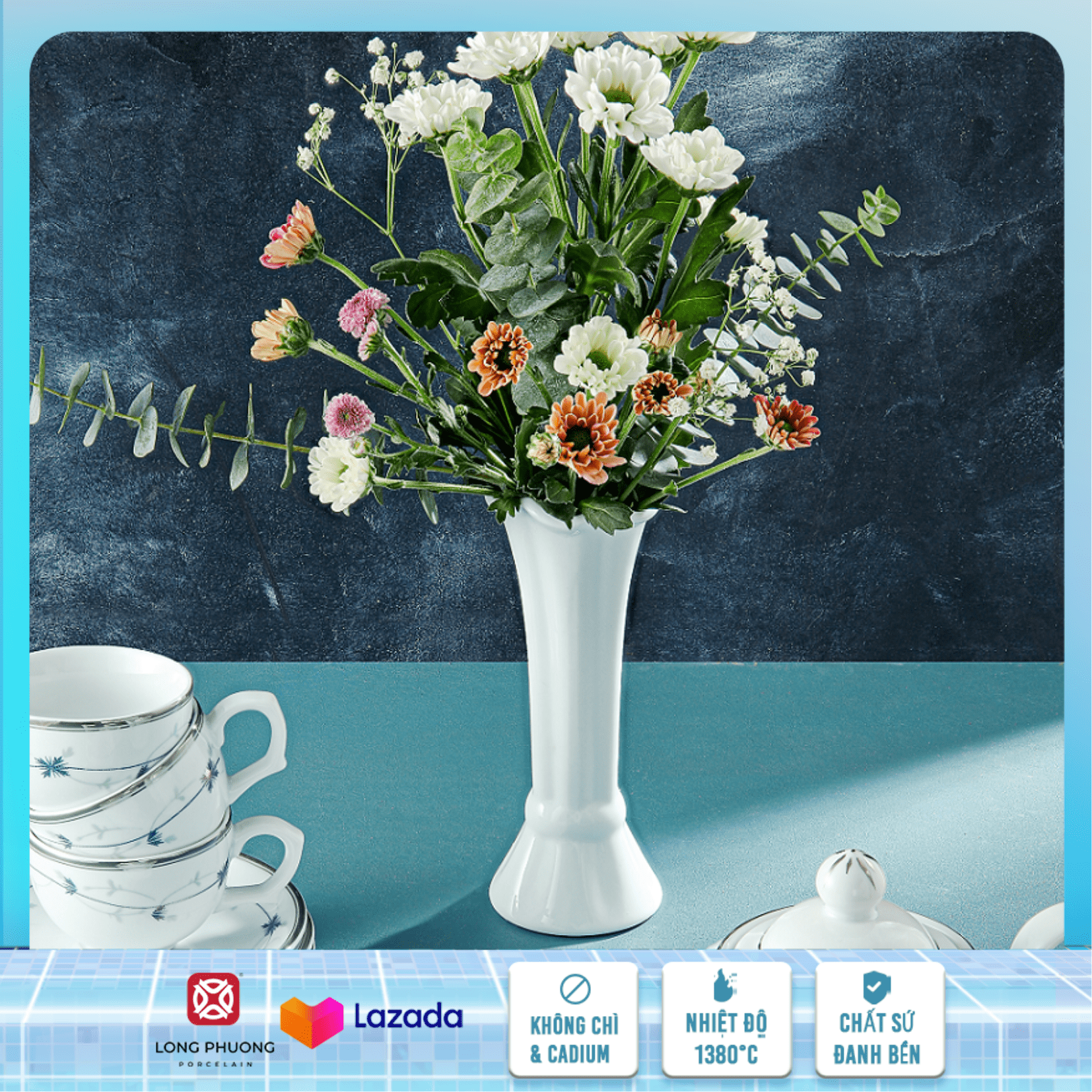 Lọ hoa bô đê - Bình bông lọ hoa, bình hoa sứ, lọ hoa sứ miệng loe Long Phương dáng cách điệu