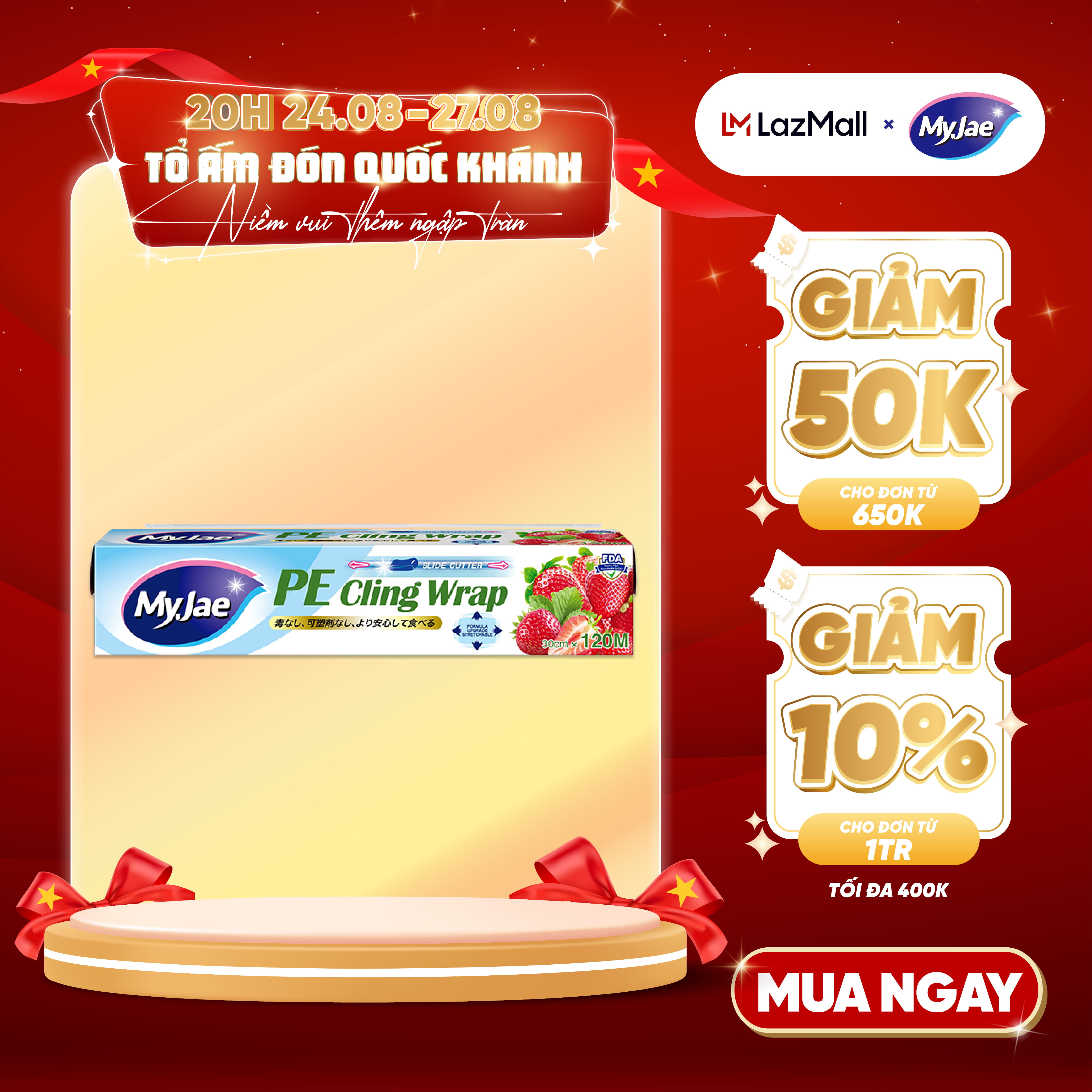 Màng bọc thực phẩm có dao cắt 120M PE MyJae, dạng xé chấm đứt ,co giãn tốt, bảo quản thực phẩm