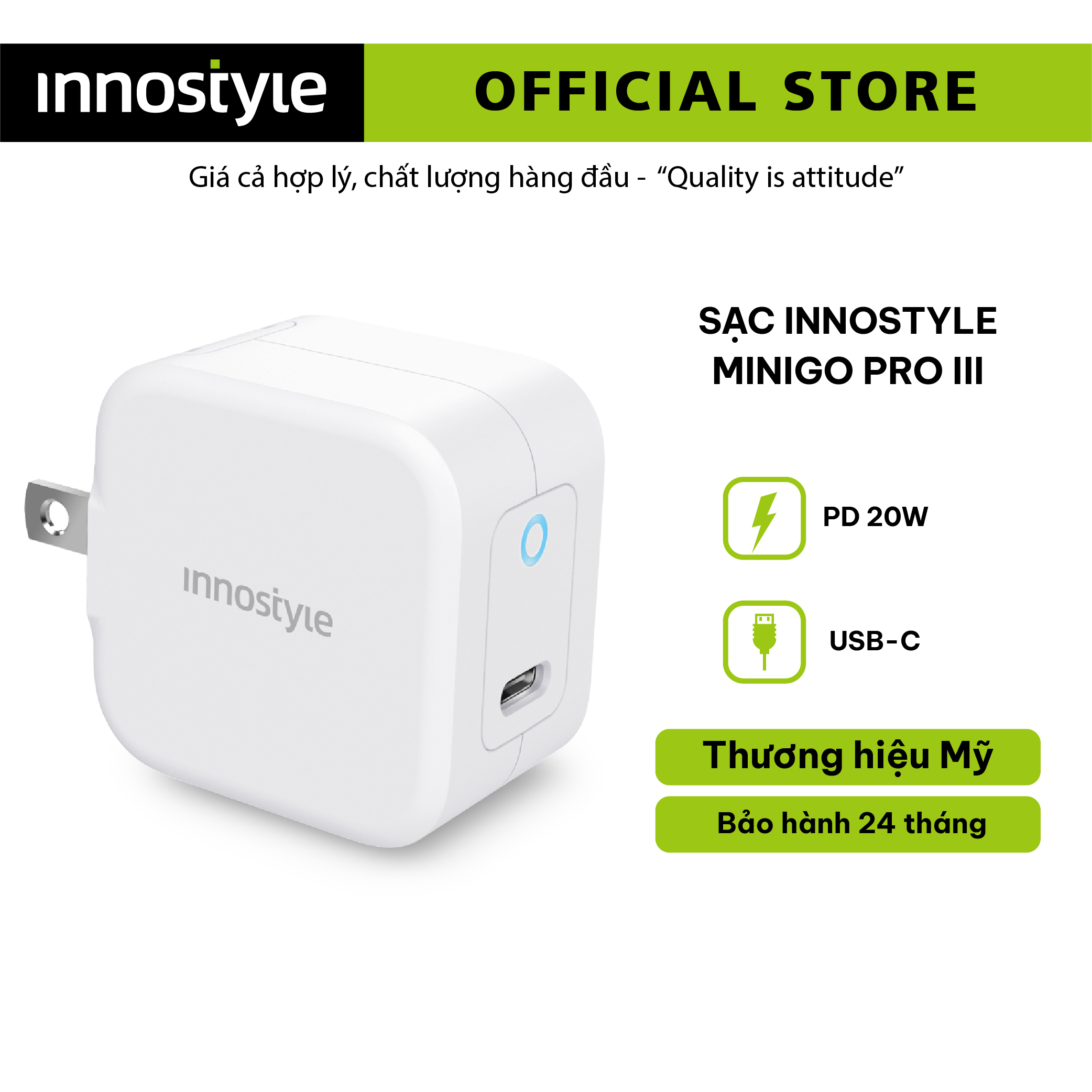 Củ Sạc Nhanh INNOSTYLE USB-C 20W Thiết Kế Nhỏ Gọn Hiện Đại Có Đèn Led Báo Vị Trí Sạc Trong Đêm Tương Thích Với nhiều Thiết Bị