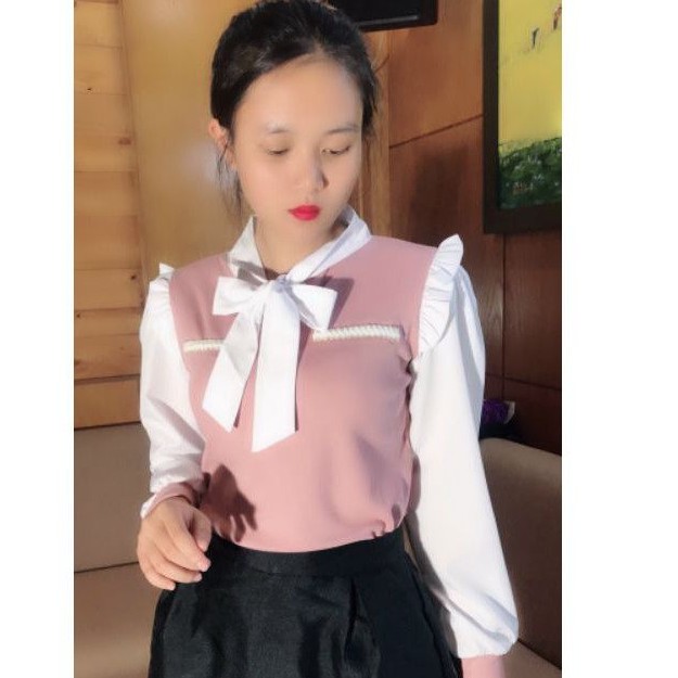 Áo len pha cổ thắt nơ dài tay xinh xắn