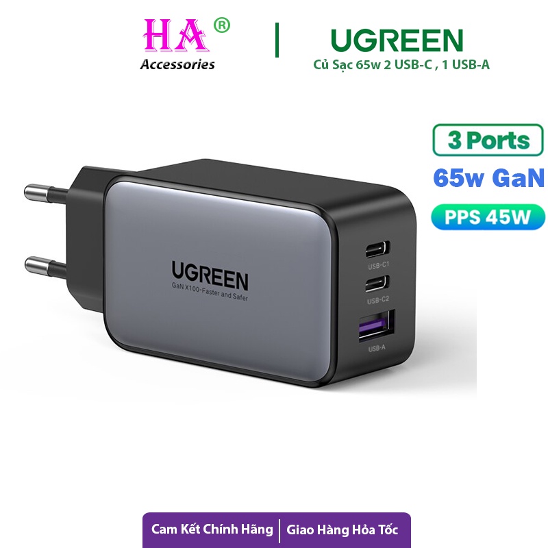 Củ sạc ugreen 65w gan 3 cổng , 2c 1a sạc nhanh pd , pps , scp , qc cho điện thoại , laptop