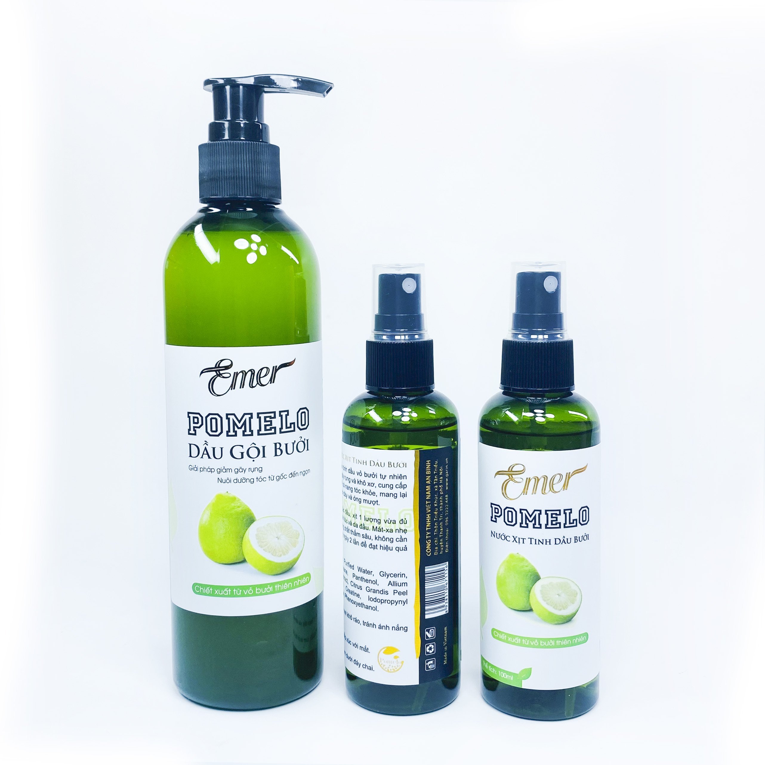 [LIỆU TRÌNH GIẢM RỤNG TÓC] Dầu gội bưởi kích mọc tóc Pomelo 300ml + 2 chai Nước xịt dưỡng tóc tinh dầu bưởi Pomelo (100ml x 2) giúp tóc mọc nhanh, chắc khỏe và suôn mượt tự nhiên Mỹ Phẩm Sỉ Emer