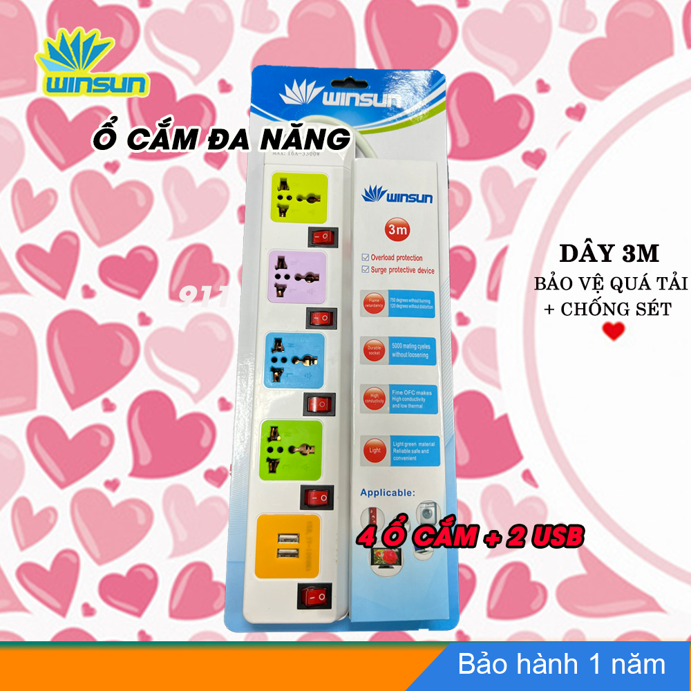 Ổ cắm điện đa năng, phích cắm điện 5 công tắc, 4 ổ cắm, 2*usb 5v 1a dài 3 mét winsun
