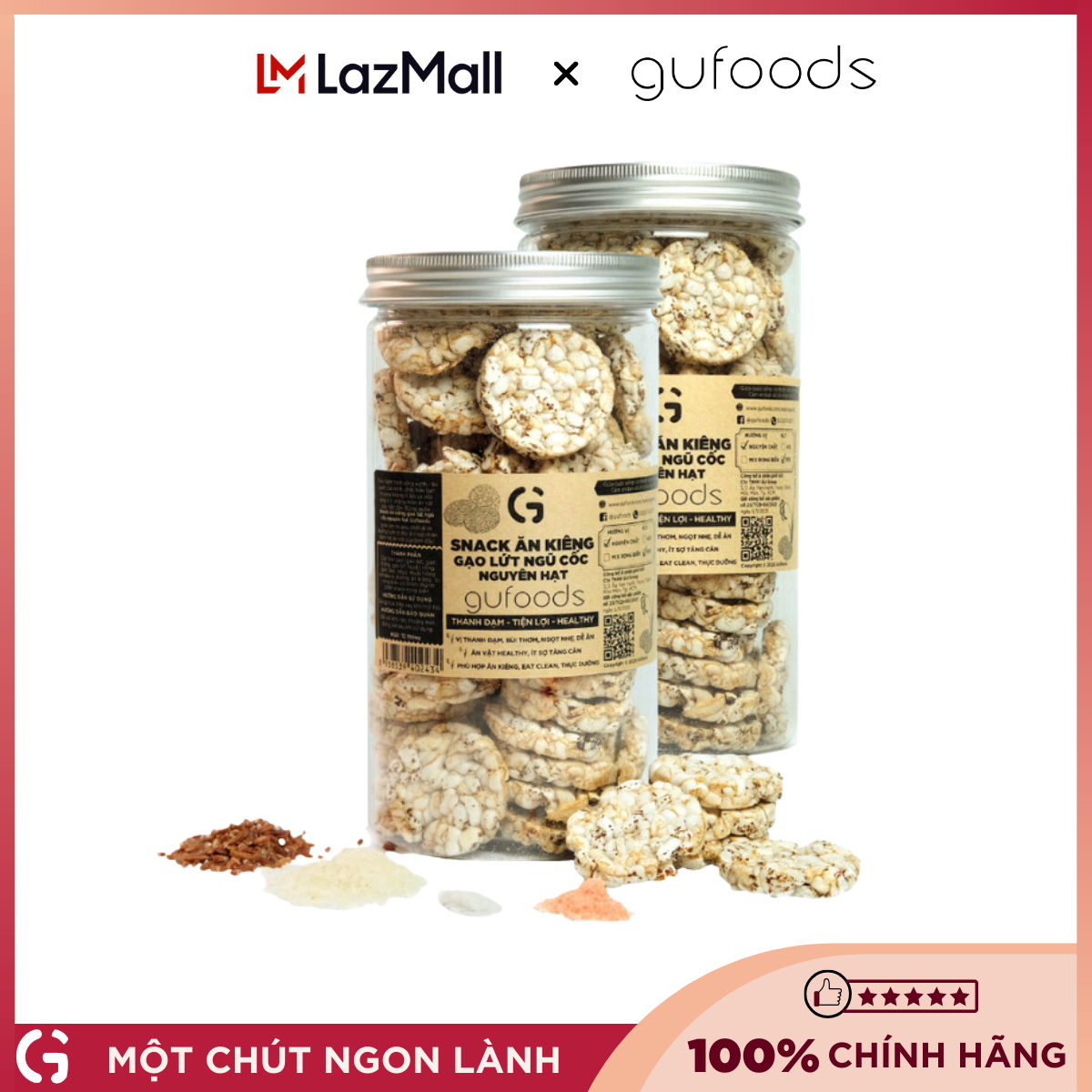 Combo 2 hũ Snack ăn kiêng gạo lứt ngũ cốc nguyên hạt GUfoods - Thanh đạm, Tiện lợi, Phù hợp Eat clean