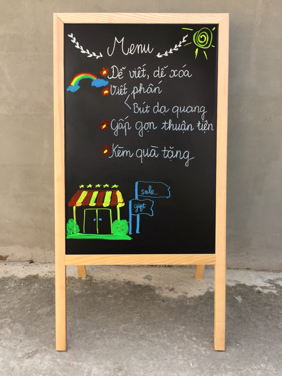 Bảng menu đen nhà hàng cafe chân gấp 60 x110 cm (Tặng bút dạ quang, hộp phấn màu)|
