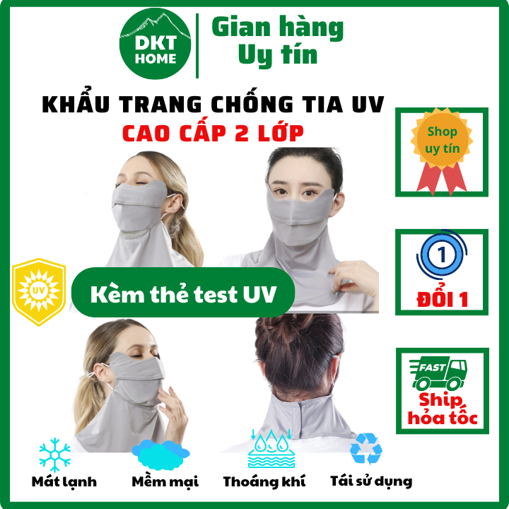Khẩu trang chống nắng, khẩu trang vải chống tia UV UFP 50+ kèm thẻ test UV che cả mặt và cổ 2 lớp bảo vệ toàn mặt DKT - Unisex Nam Nữ đeo đều thích hợp KTMAIMC2