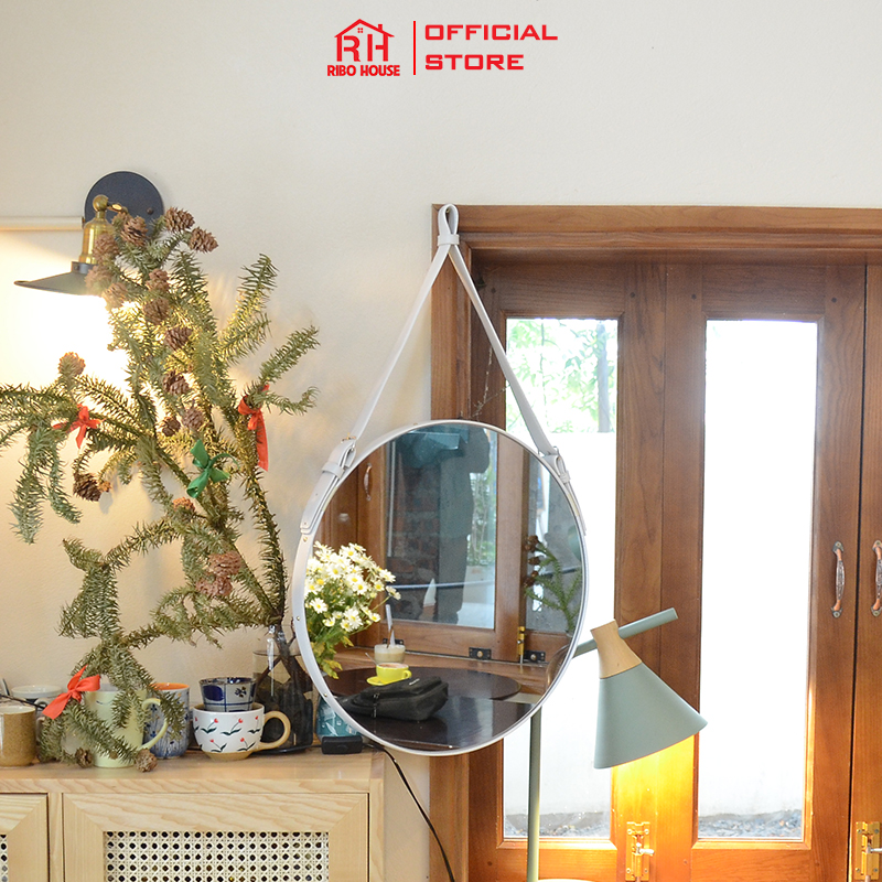 Gương tròn treo tường dây da Simili Fullbox đường kính 50 cm gương trang trí decor siêu đẹp RIBO107