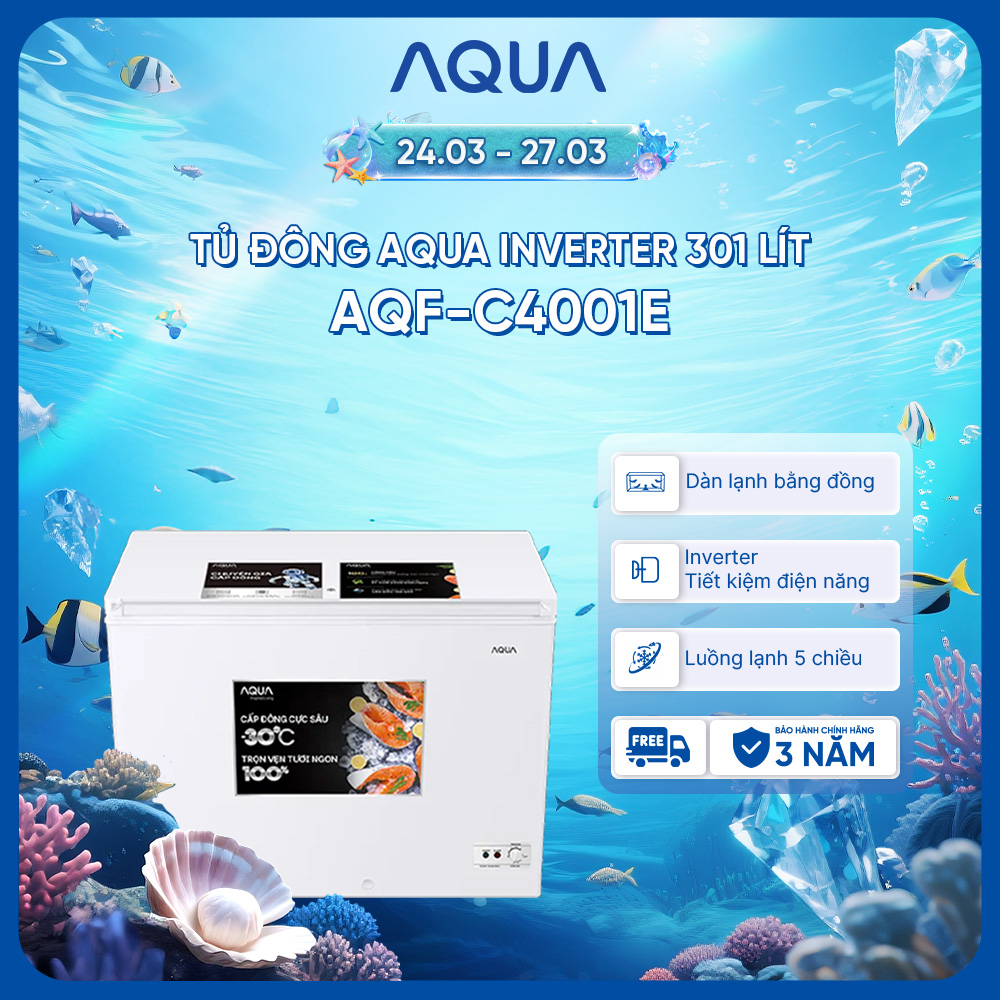 Tủ đông Aqua Inverter 301 lít AQF-C4001E, màu trắng tinh tế, kích thước 1110x620x845mm