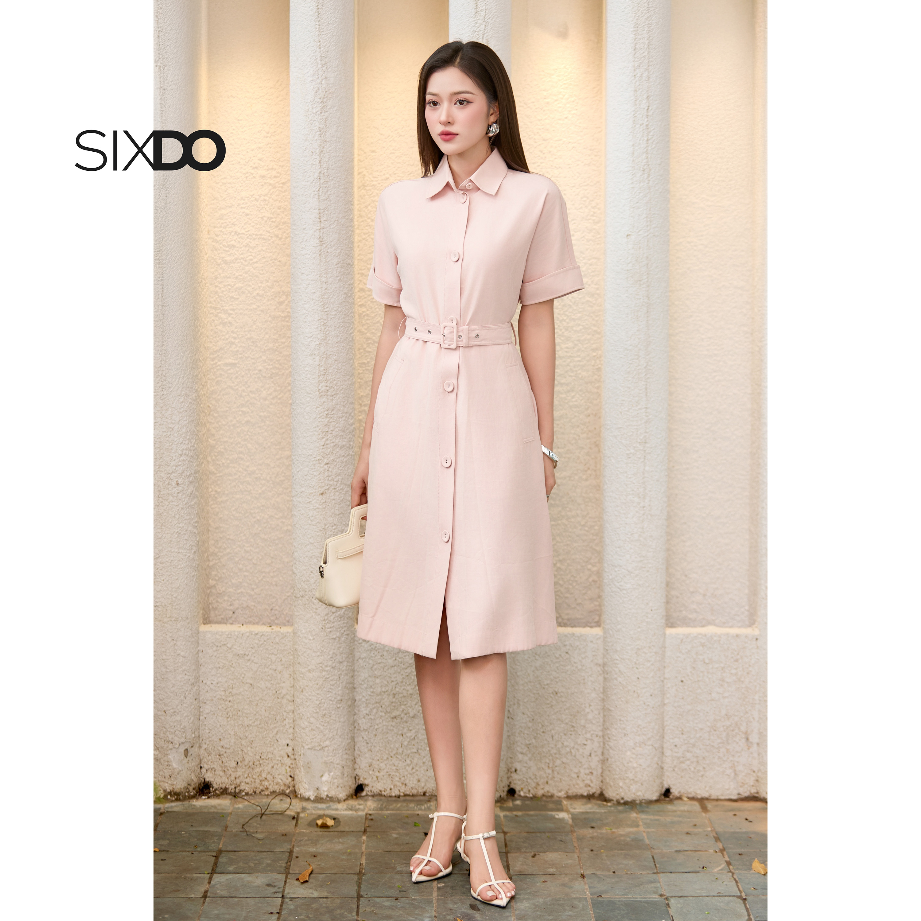  Đầm sơ mi ngắn tay phối đai eo SIXDO  Light Pink Woven Flared Dress  