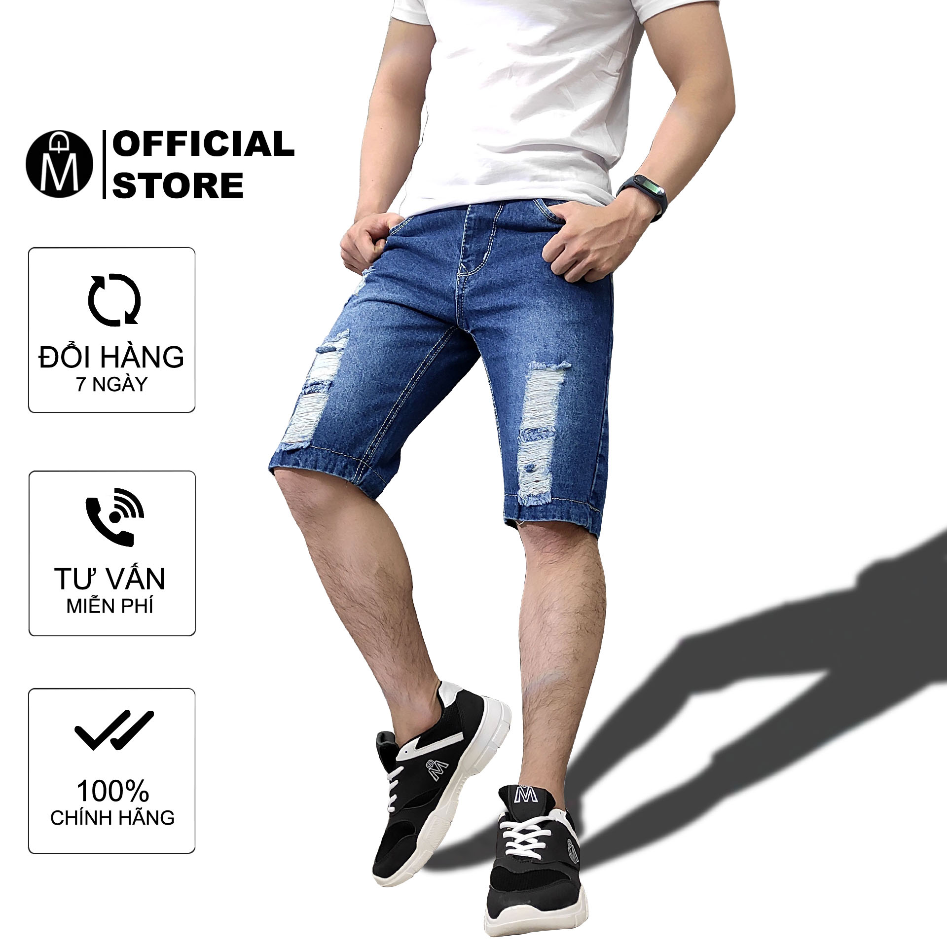 Quần short jeans nam có videos tự quay jeans nam quan short nam muidoi Q418 xanh đậm quần đùi nam thời trang