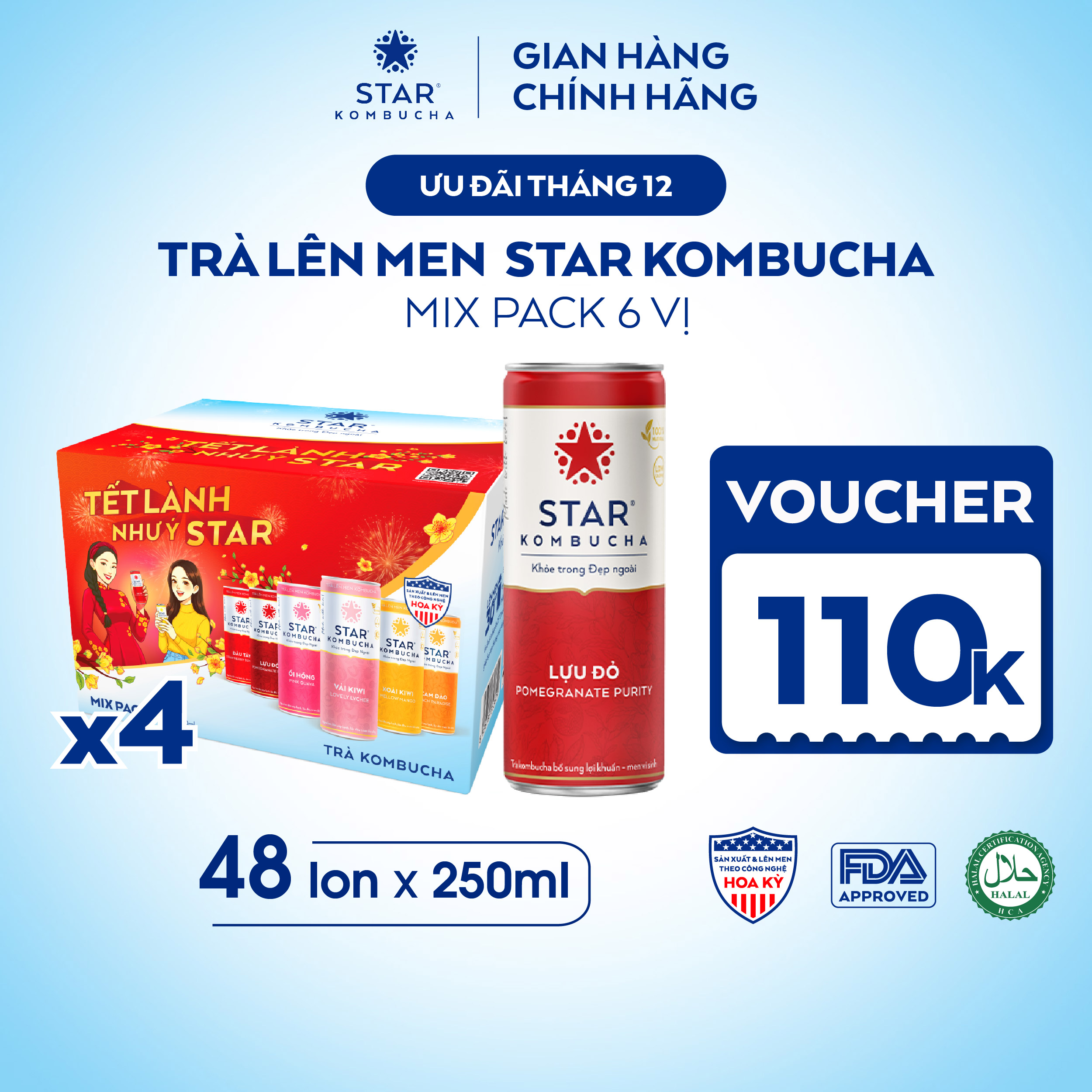  Combo 4 thùng 12 lon trà STAR KOMBUCHA mix 6 vị Tết - Family Pack  250ml lon  
