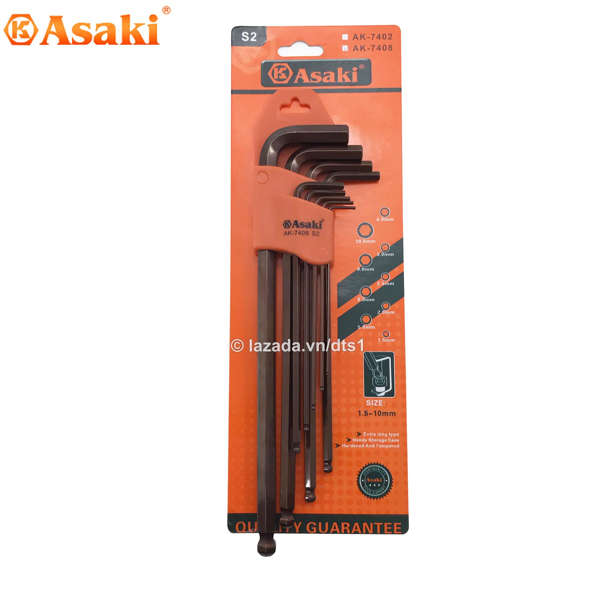 Bộ lục giác bi 9 chi tiết asaki ak-7408 1.5-10mm - bộ lục giác 9 cây asaki ak-7408 steel s2