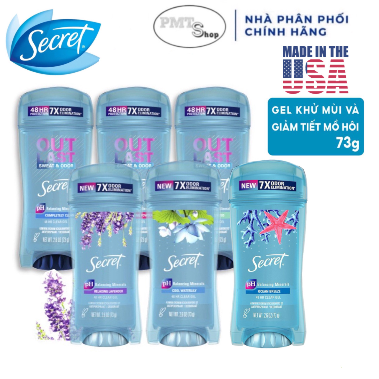 (NK Mỹ) Lăn khử mùi nữ Secret Clear Gel 73g Relaxing Lavender / Completely Clean / Unscented / Protecting Powder / Cool Waterlily / Ocean Breeze