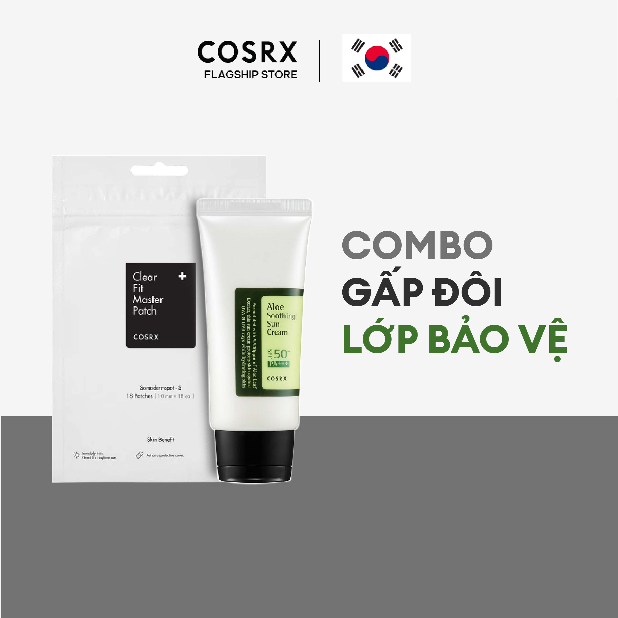 Combo kem chống nắng lai chiết xuất lô hội cosrx aloe soothing sun cream spf50+ pa+++ 50ml + miếng dán mụn cosrx clear fit master patch 18 miếng/gói