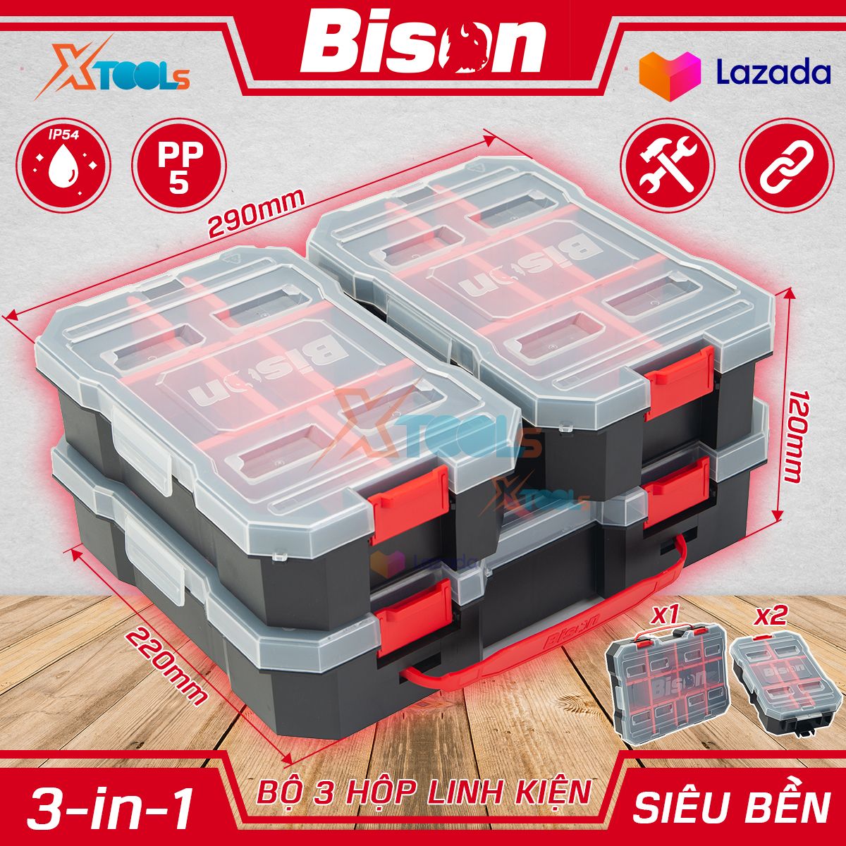 Hộp đựng linh kiện đa năng BISON chống nước chuẩn IP54, chất liệu nhựa PP chống va đập, vách ngăn tháo rời, có thể ghép nối nhiều hộp, hộp nhựa đựng dụng cụ đồ nghề