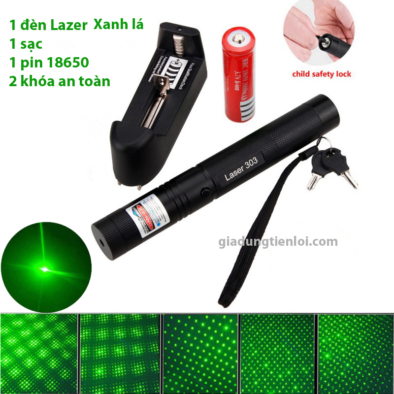 Đèn Pin Laser 303 Ánh Sáng Xanh Lá Hoặc Đỏ Chiếu Xa Cực Mạnh, Kèm Phụ Kiện Chiếu Sao Vạn Hoa Dùng Pin Sạc - Bút lazer, bút trình chiếu lazer
