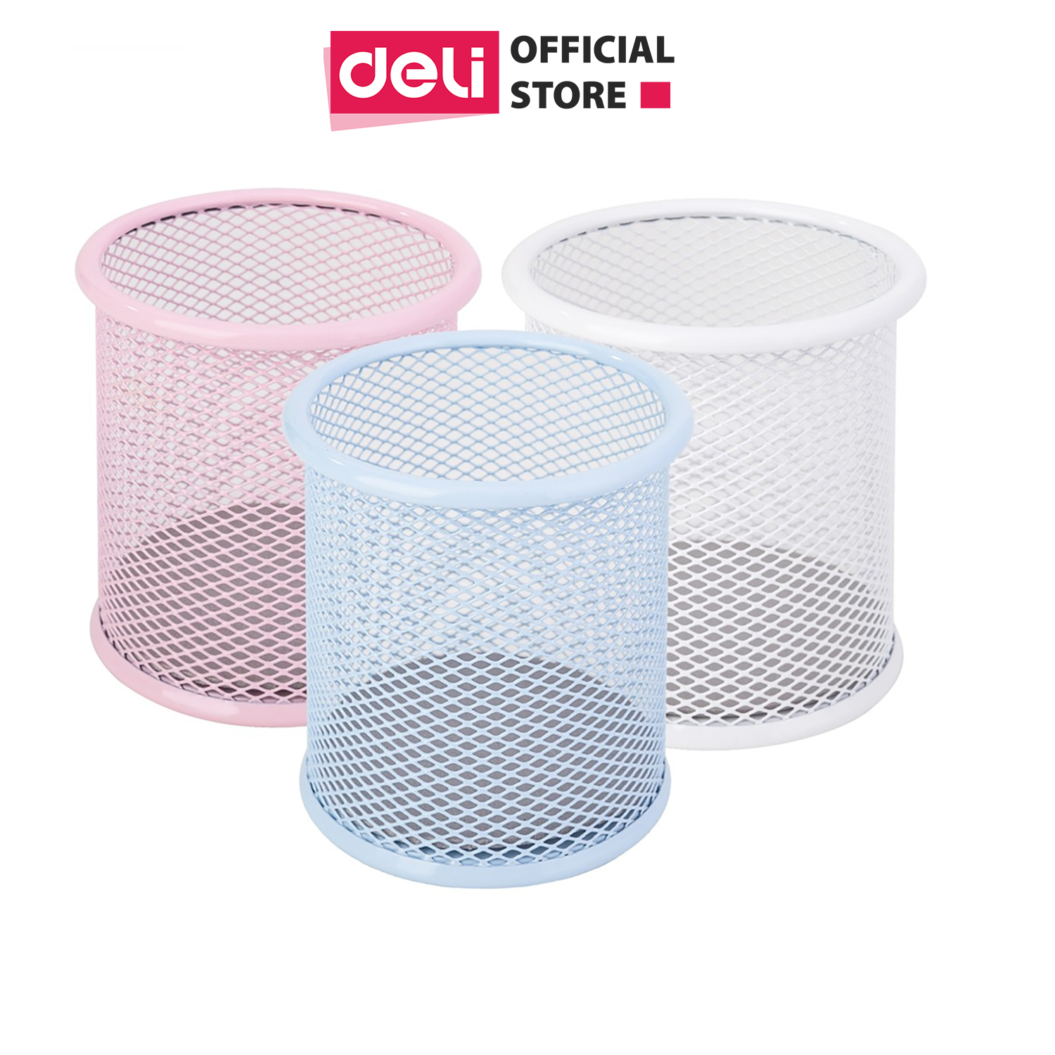 Cốc cắm bút kim loại deli, 91x98mm - xanh dương / hồng / trắng - 1 cái - 9153