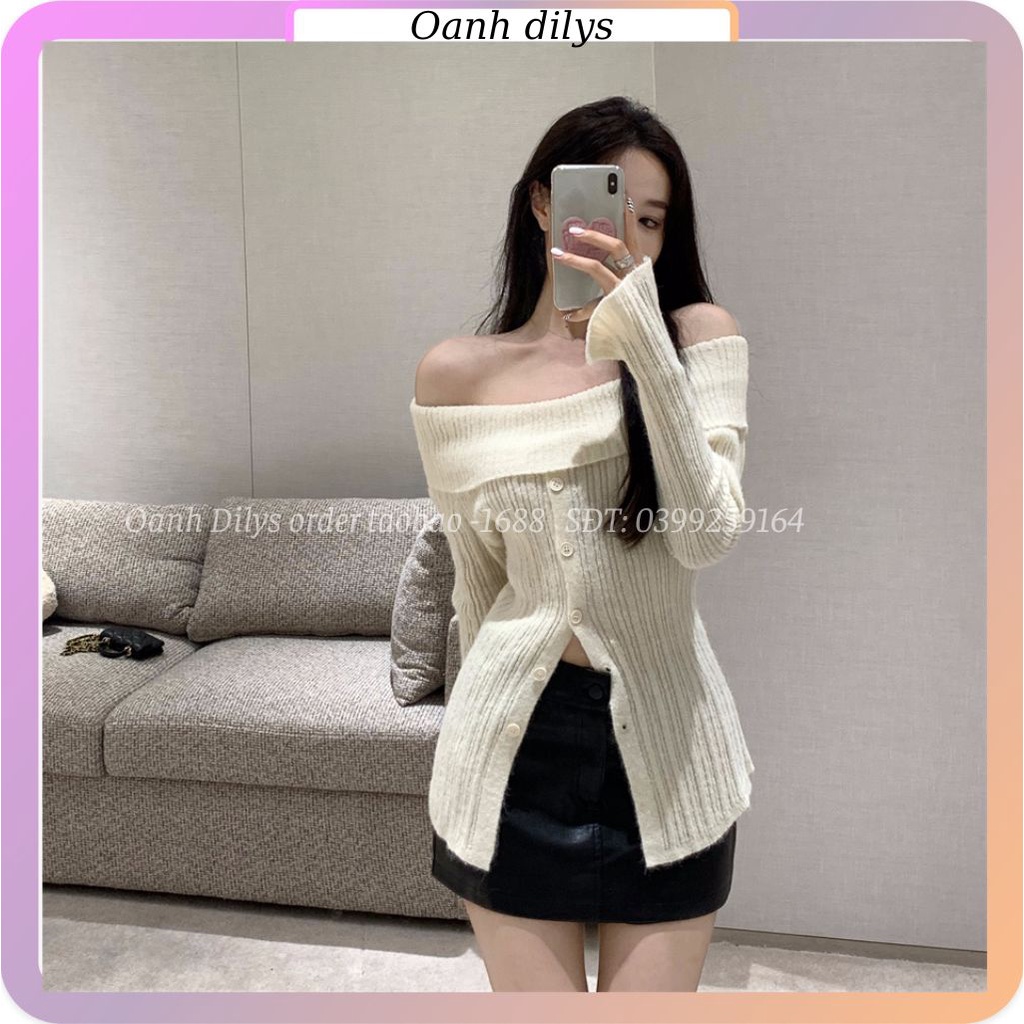 Áo len trễ vai tay áo ống loe, áo len nữ dài tay trễ vai kết hợp khuy cài hàng loại 1 order T.aobao nhà Oanhdilys