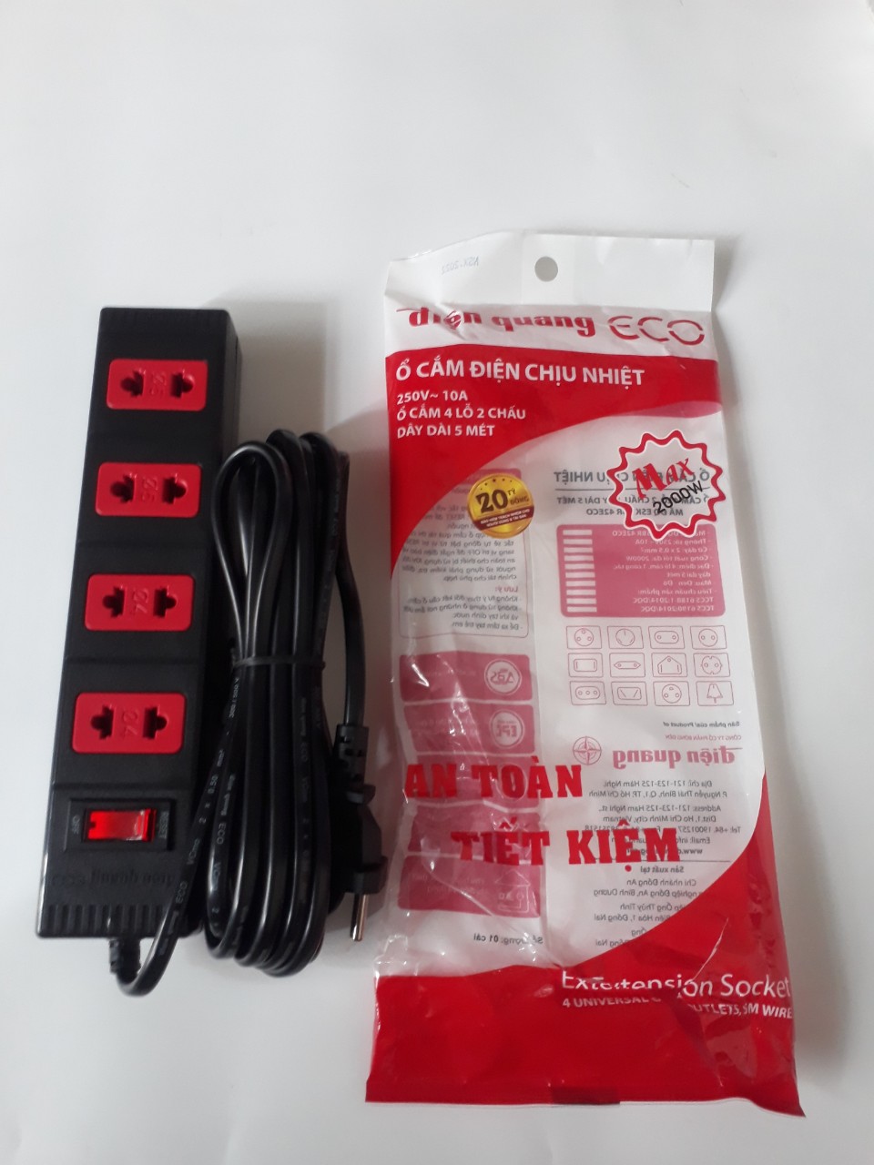 Ổ cắm 4 lỗ dây 2m,5m đen đỏ điện quang