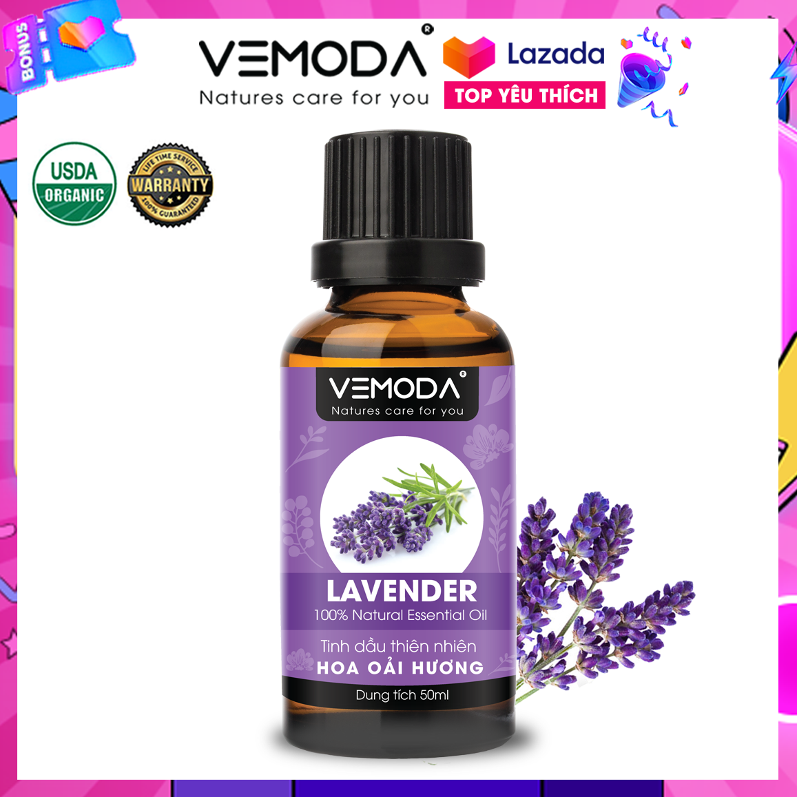 Tinh dầu Oải hương cao cấp | Lavender Essential Oil 50ml. Tinh dầu thơm phòng, để phòng ngủ, thơm quần áo, tủ giày dép. Tinh dầu xông phòng, thư giãn, khử mùi, giúp dễ ngủ, thanh lọc không khí, chăm sóc da