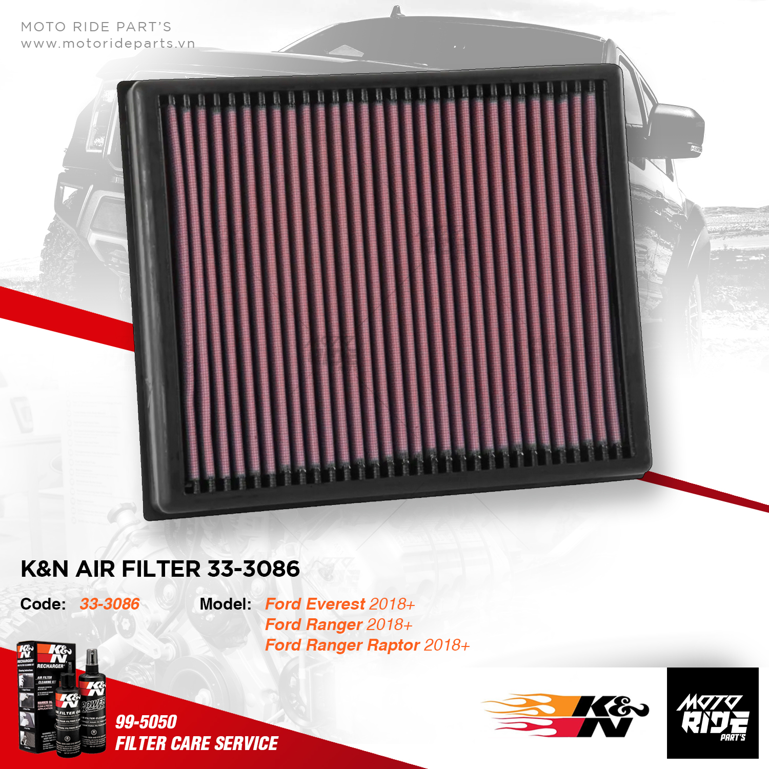K&N 33-3086 LỌC GIÓ FORD EVEREST / FORD RANGER / FORD RANGER RAPTOR